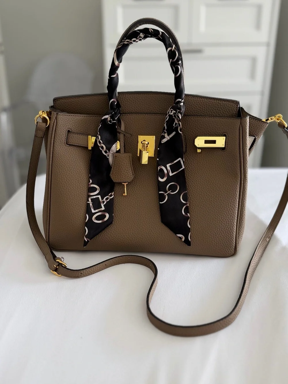Structured Taupe Satchel with Gold Hardware and Scarf Accent